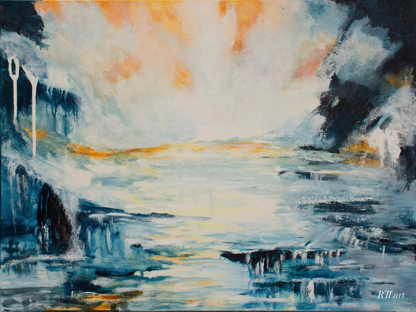 Atmospheric abstract art print titled Between the Realms featuring soft luminous tones evoking the threshold between worlds and quiet inner stillness, by NZ artist Ramari.