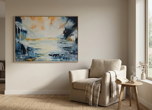 Calm abstract wall art titled Between the Realms styled in a cosy nook space, soft ethereal tones creating a sense of warmth and quiet contemplation, by NZ artist Ramari.