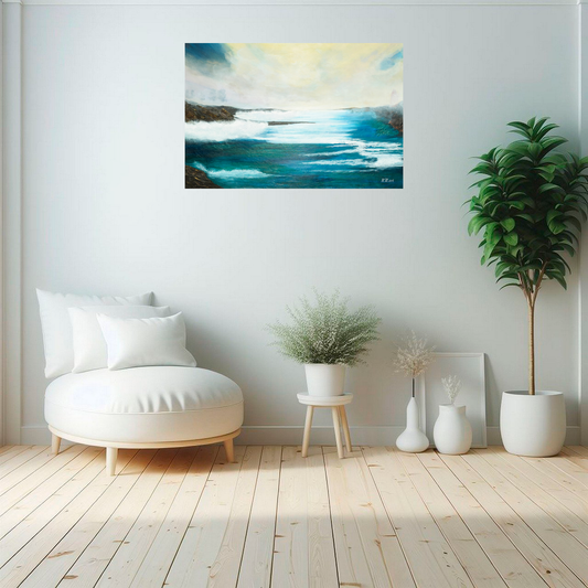 Water-inspired abstract art print titled Where the Veil Breaks styled above a round seat with lush plants along the wall, evoking a serene botanical sanctuary, by NZ artist Ramari.
