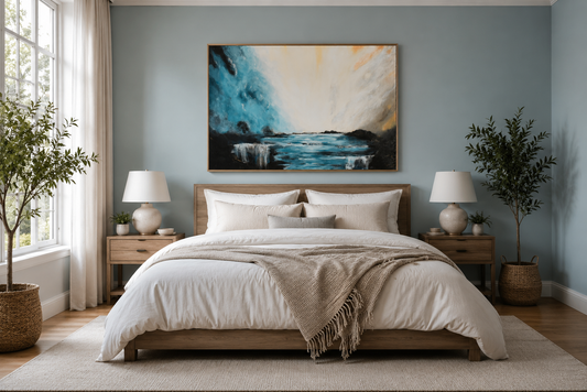 Water-inspired abstract art print titled Whispers of Dawn styled above a bed in a calm bedroom, soft warm dawn light evoking gentle awakening, by NZ artist Ramari.