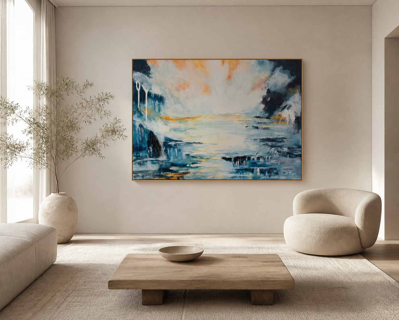 A horizontal abstract landscape art print titled Between the Realms by NZ artist Ramari. The heavily textured canvas depicts a luminous, serene seascape or glacial valley. Deep teal, navy blue, and indigo brushstrokes create layered rock formations and cascading water elements on the lower half. A bright, ethereal white and golden-orange sunrise radiates dramatically from the upper center sky. 
