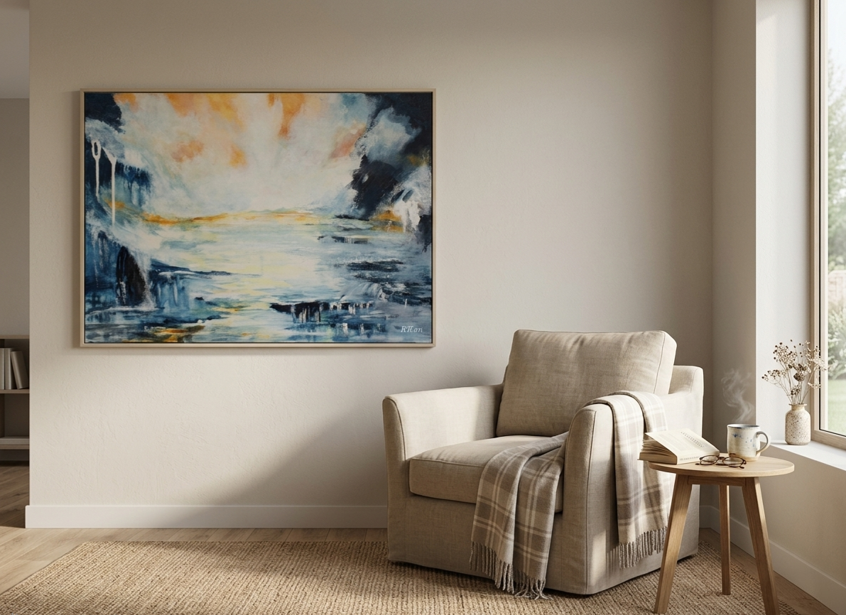 Calm abstract wall art titled Between the Realms styled in a cosy nook space, soft ethereal tones creating a sense of warmth and quiet contemplation, by NZ artist Ramari.
