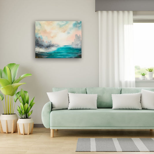 Water-inspired abstract art print titled Beyond the Waters styled above a sofa in a coastal-inspired living room, evoking the calm and openness of the sea, by NZ artist Ramari.