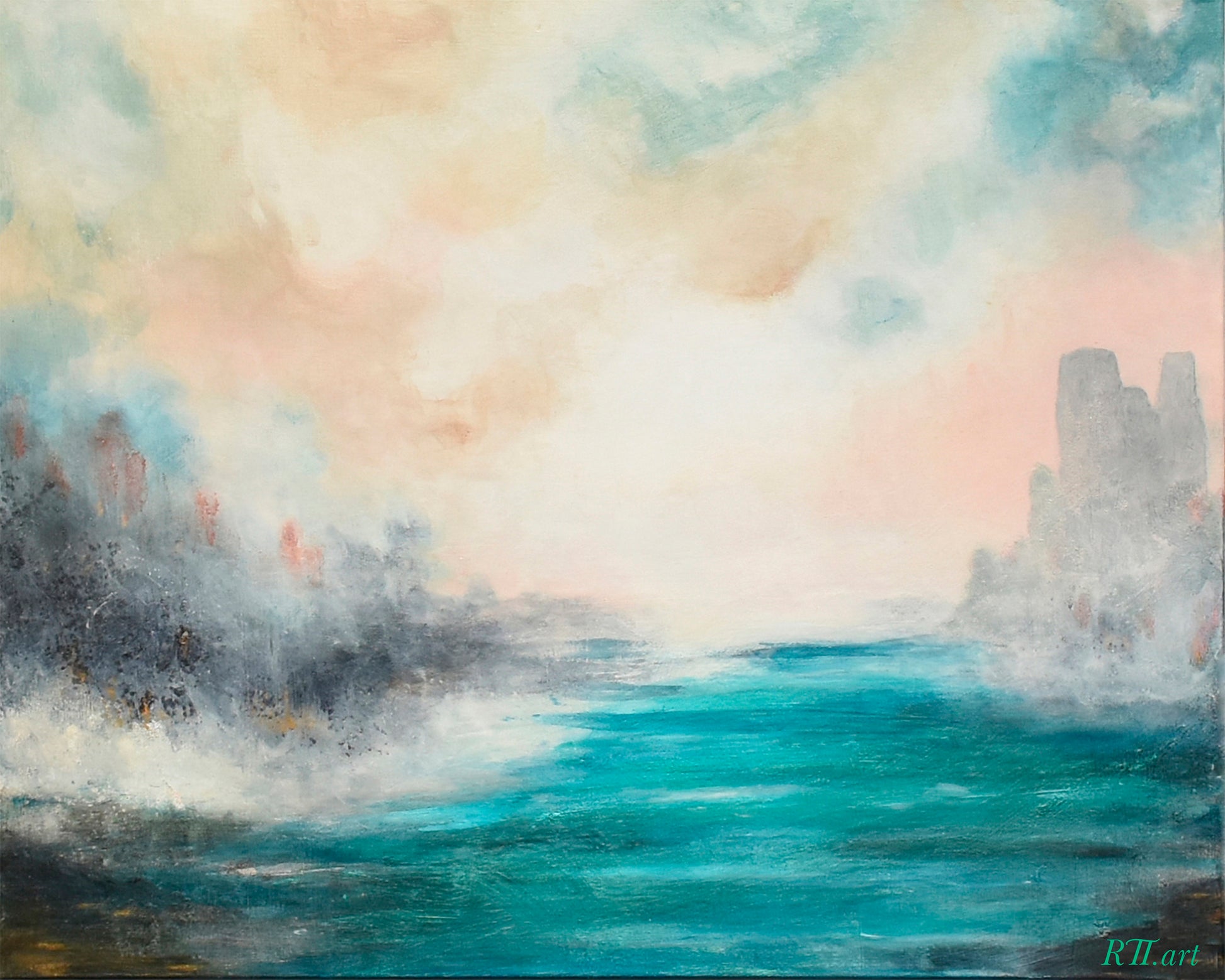 Atmospheric abstract art print titled Beyond the Waters featuring expansive tones evoking depth, stillness and the quiet pull of open water, by NZ artist Ramari.