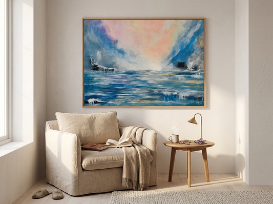 Lyrical abstract art print titled Celestial Embrace styled in a cosy reading nook, golden light and warm tones creating a sense of calm, by NZ artist Ramari.