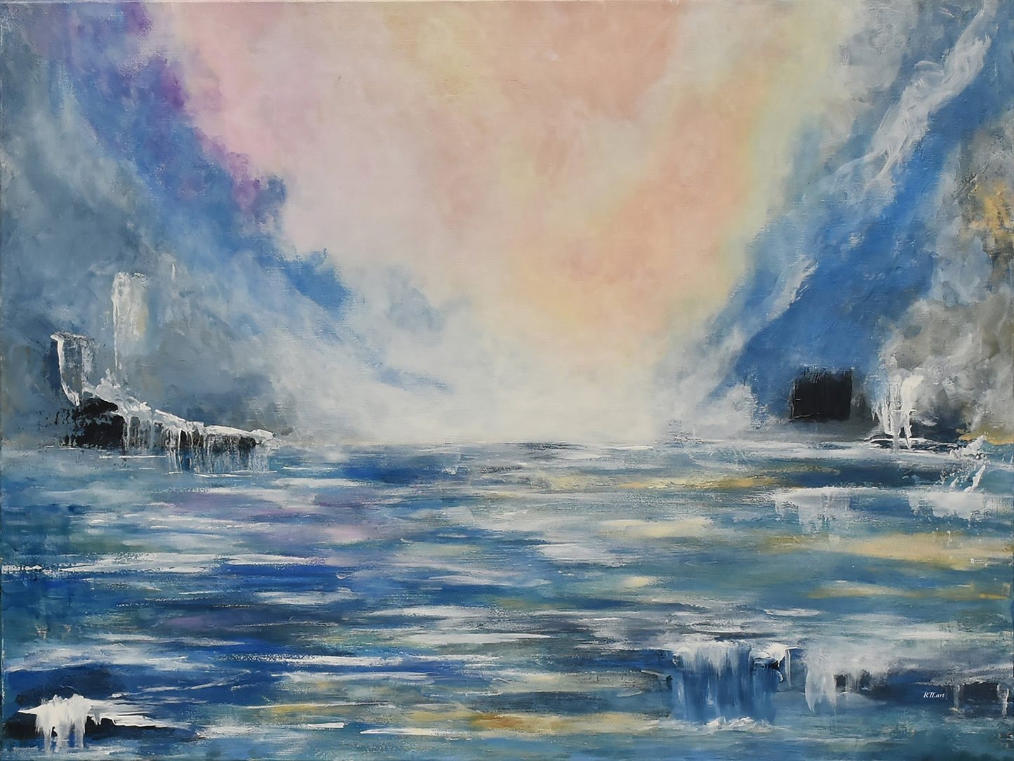 Lyrical abstract art print titled Celestial Embrace featuring golden light pouring through sky and sea in perfect union, by NZ artist Ramari.