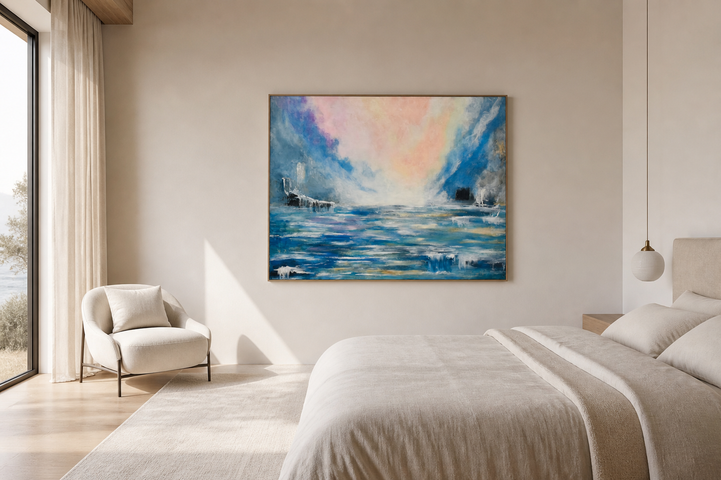 Lyrical abstract art print titled Celestial Embrace on wall, a serene bedroom,  light pouring through, by NZ artist Ramari.