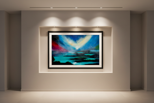 A large horizontal abstract art print titled "Come Sit With Me" by NZ artist Ramari features a dark blue, teal, and black landscape with a bright glowing horizon. The print is framed in a thick black frame and mounted inside a recessed gallery wall alcove. Overhead track lighting spotlights the framed wall art, casting a warm glow inside an elegant, minimalist modern room with neutral beige walls.