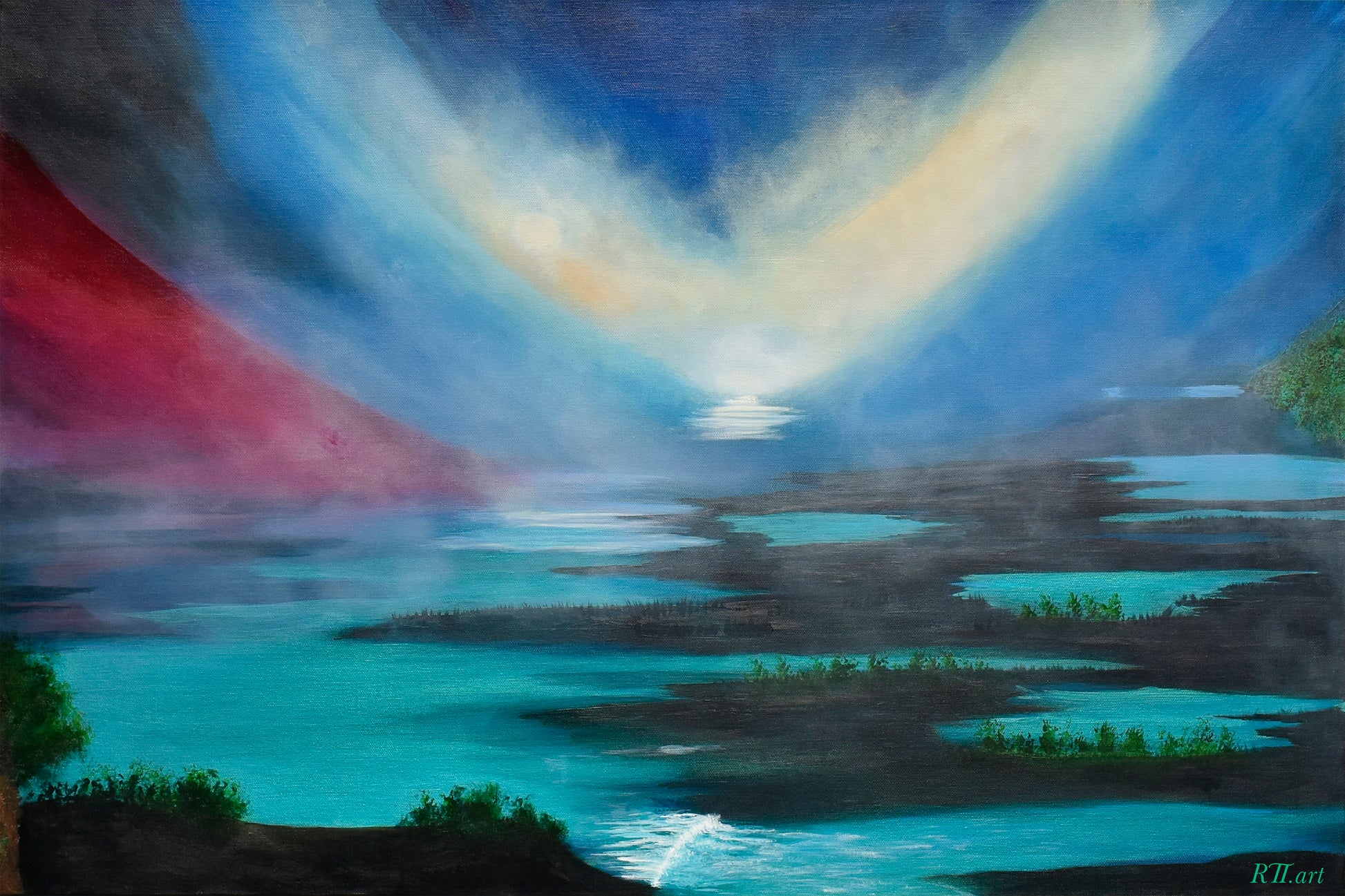 Lyrical abstract art print titled Come Sit With Me featuring deep teal and blue tones evoking stillness along a quiet horizon, by NZ artist Ramari.