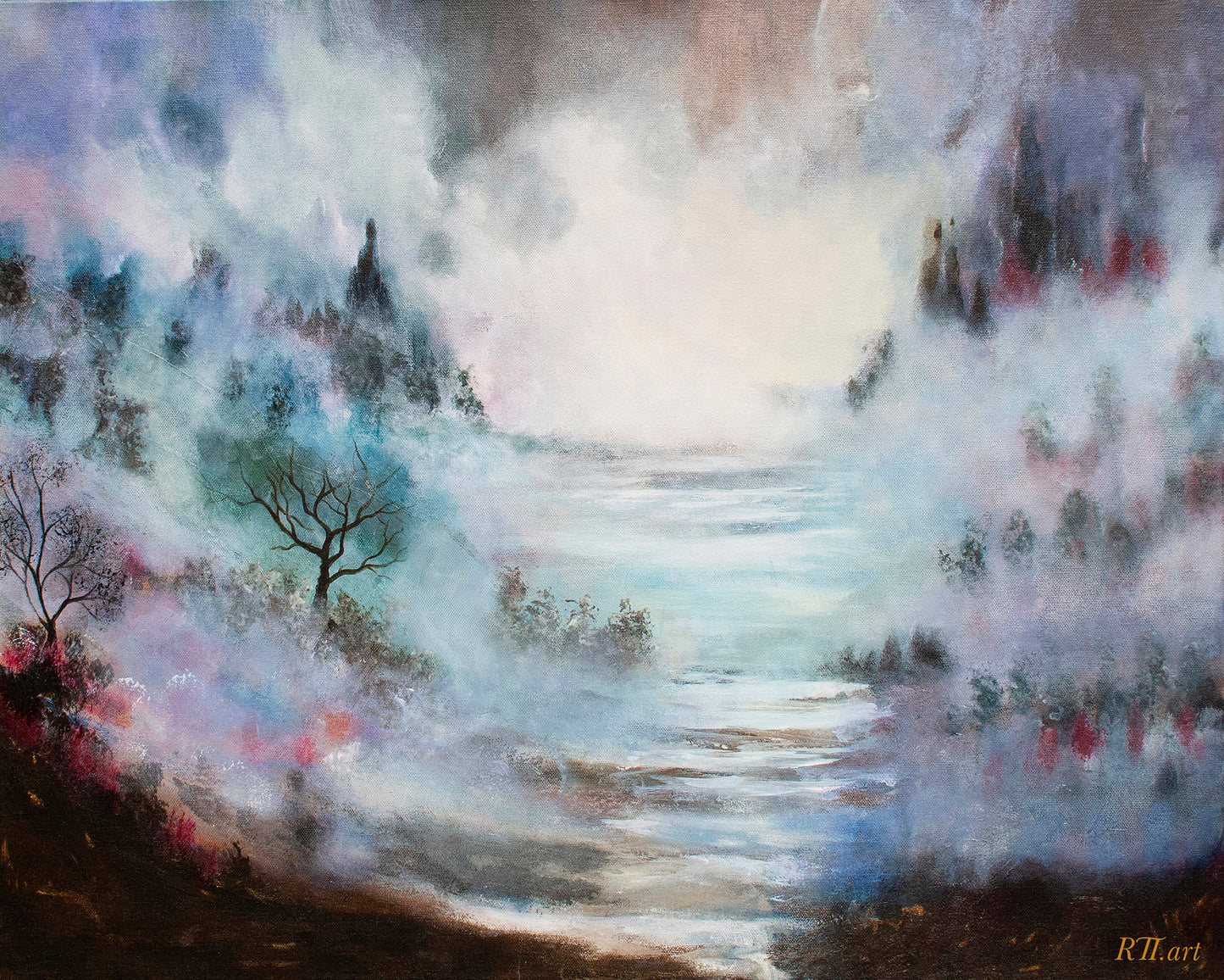Atmospheric abstract art print titled Enchanted Mist featuring soft ethereal mist and gentle tones evoking mystery and calm, by NZ artist Ramari.