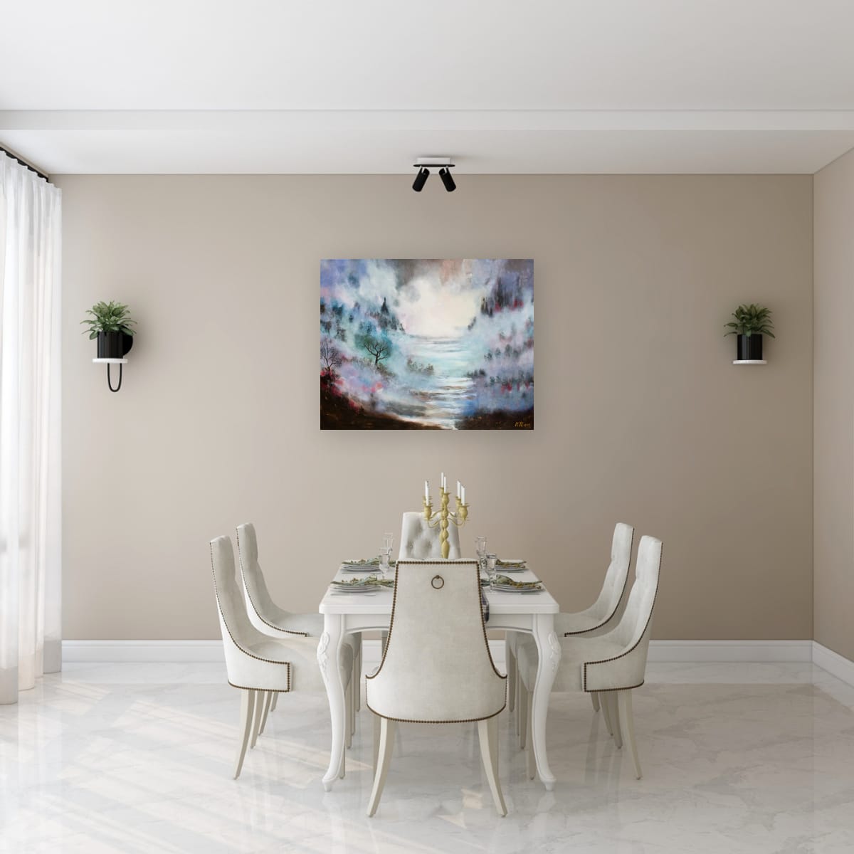 Ethereal abstract art print titled Enchanted Mist styled on the end wall of a dining room, soft misty tones adding depth and atmosphere to the space, by NZ artist Ramari.