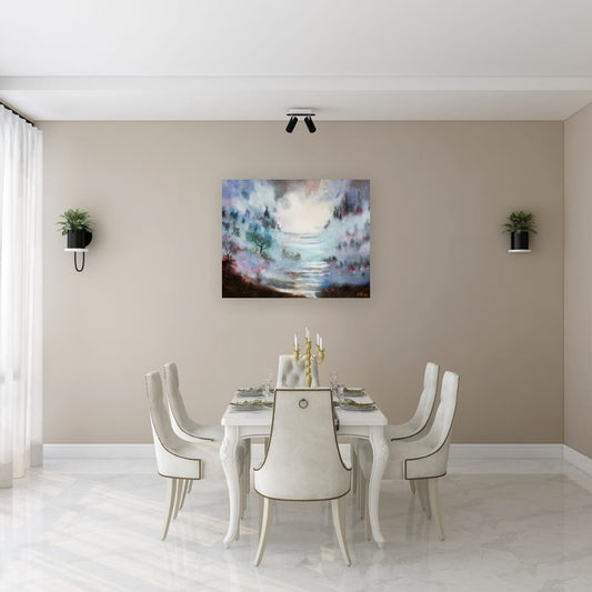 Ethereal abstract art print titled Enchanted Mist styled on the end wall of a dining room, soft misty tones adding depth and atmosphere to the space, by NZ artist Ramari.