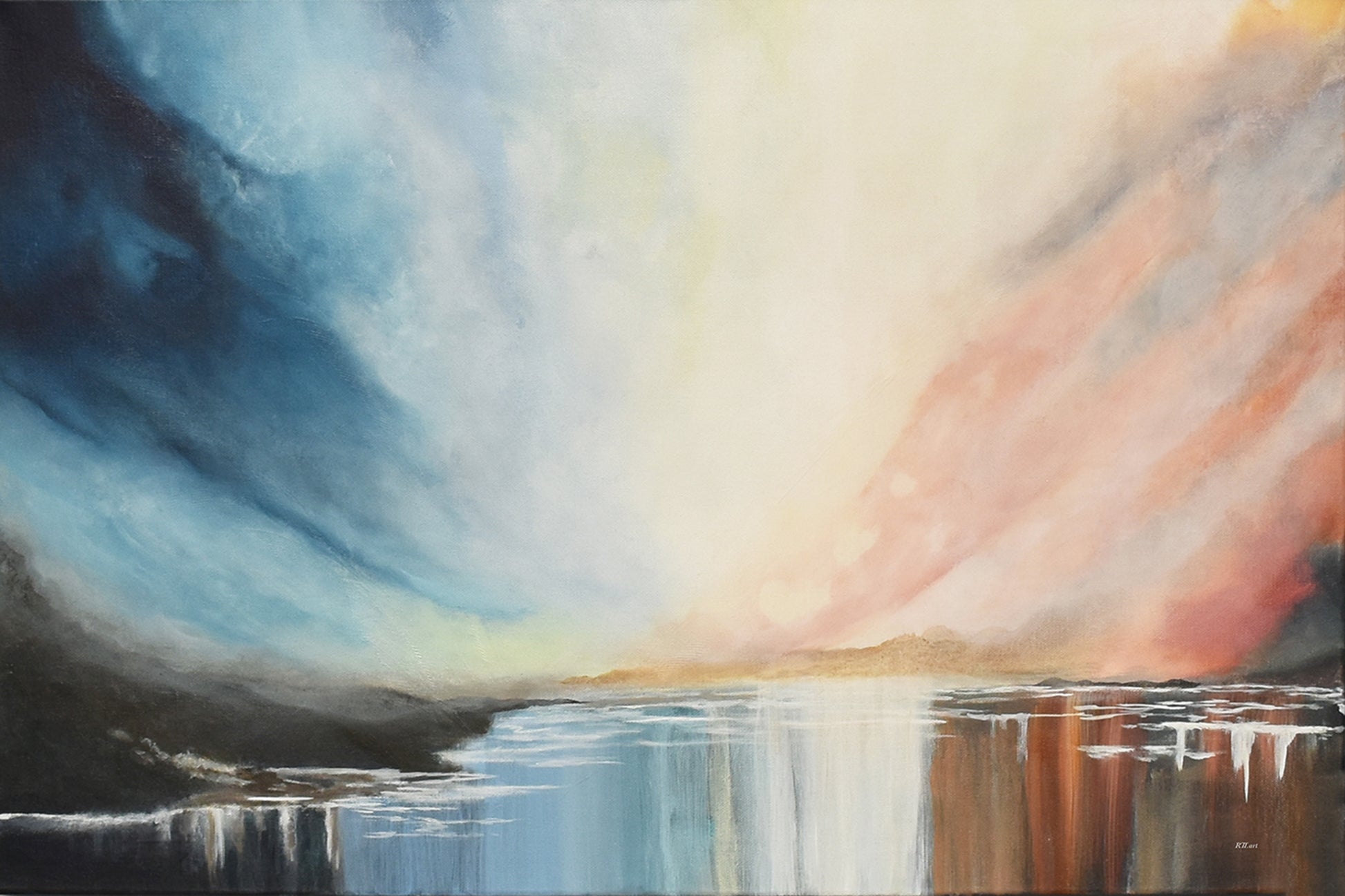 Lyrical abstract art print titled Infinite Skies featuring deep blues and soft peach tones evoking quiet expansion, by NZ artist Ramari.