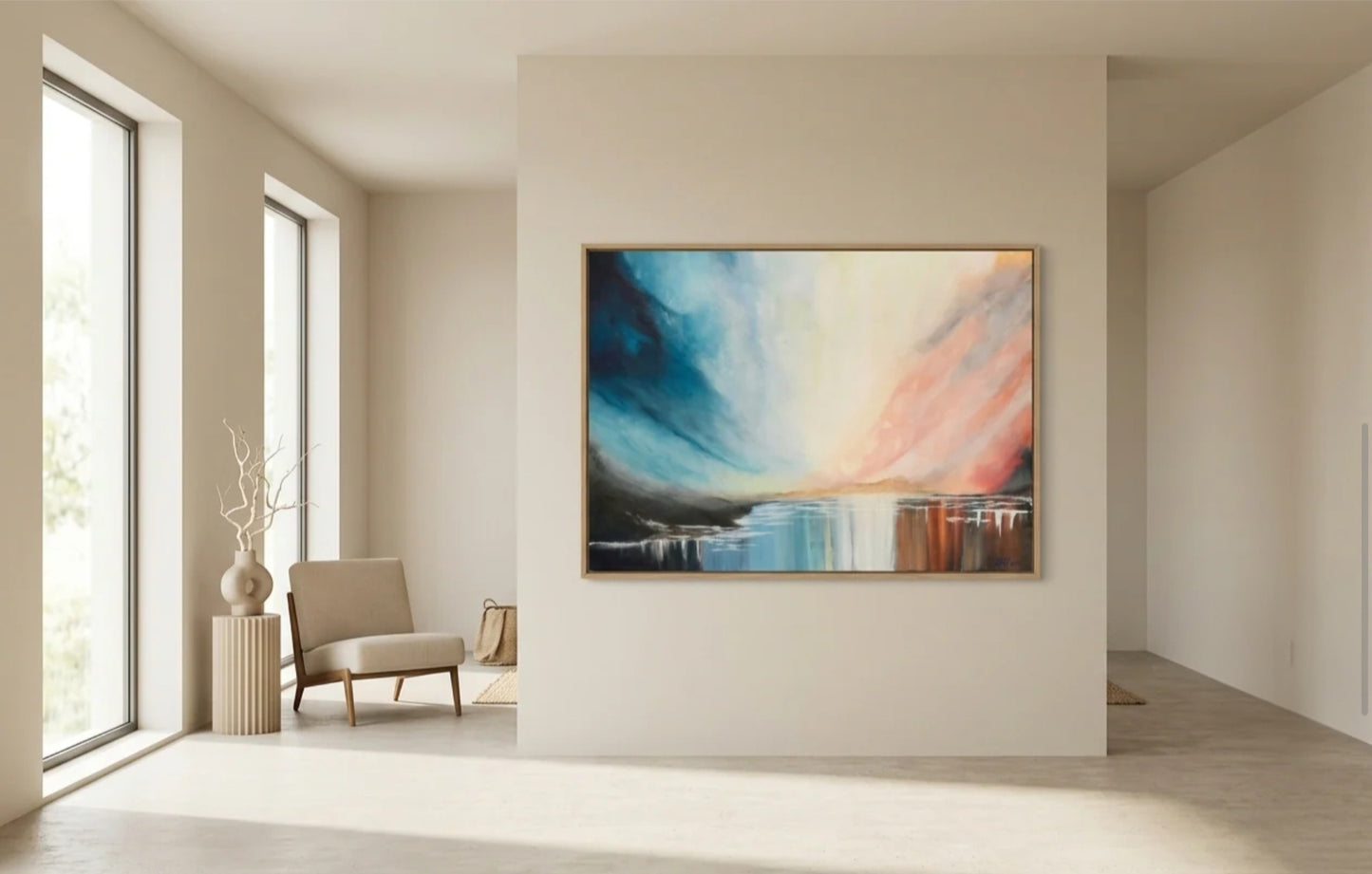 A horizontal abstract landscape art print by NZ artist Ramari features deep navy blue, teal, and charcoal gray textures cascading down like waterfalls on the left and right. The composition centers on a bright, glowing horizon where a white and golden yellow sunset breaks through soft, misty clouds. The surface details beautifully capture the intense textures, bold brushstrokes, and layered depth of the original contemporary acrylic painting.