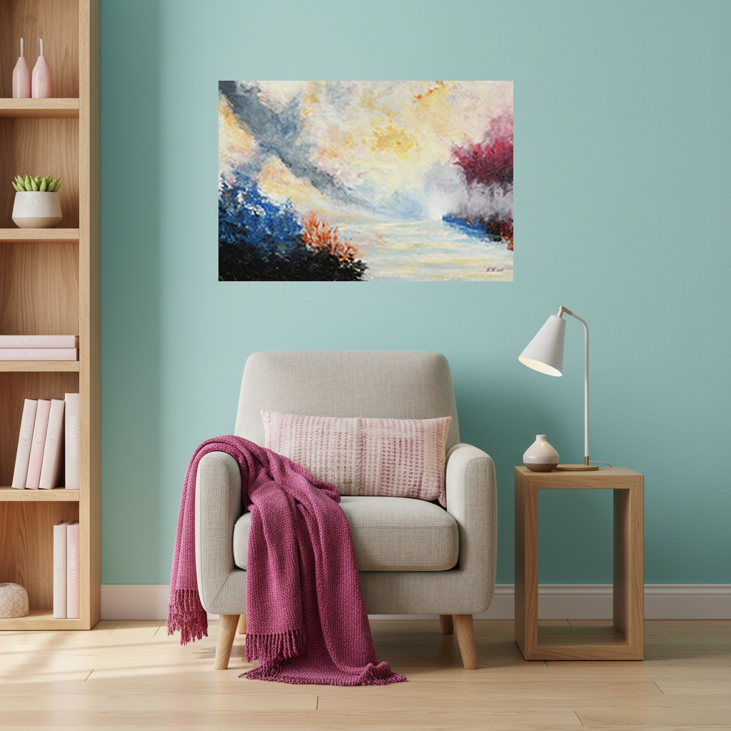 Calm abstract wall art titled River of Dawn styled in a cosy reading nook, warm dawn light evoking quiet reflection and gentle awakening, by NZ artist Ramari.