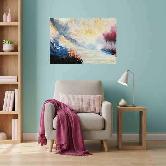 Calm abstract wall art titled River of Dawn styled in a cosy reading nook, warm dawn light evoking quiet reflection and gentle awakening, by NZ artist Ramari.