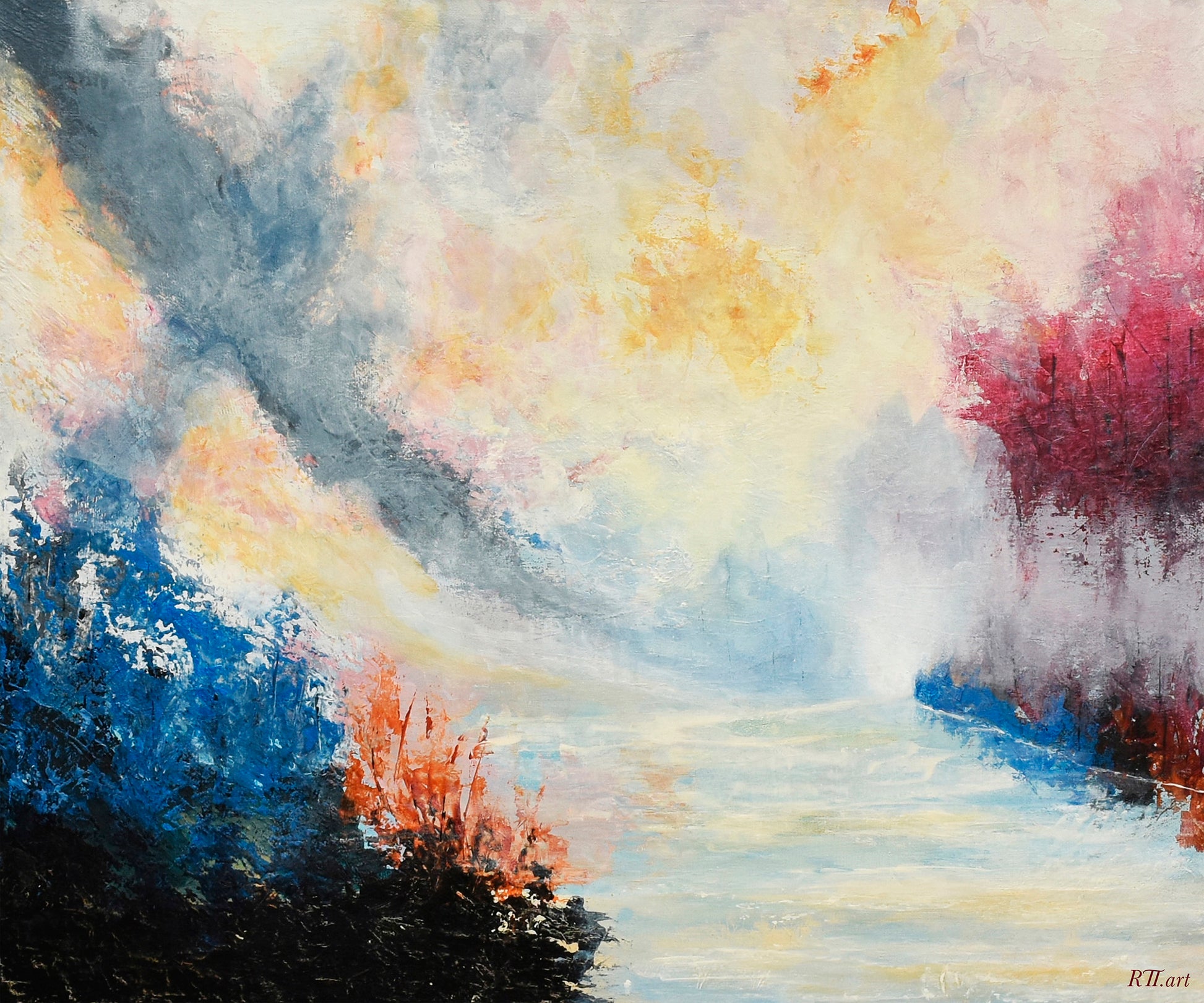 Abstract landscape art print featuring textured palette knife brushstrokes of a river path, dramatic clouds, and vibrant autumn-colored trees under a glowing yellow sky.by NZ artist Ramari.