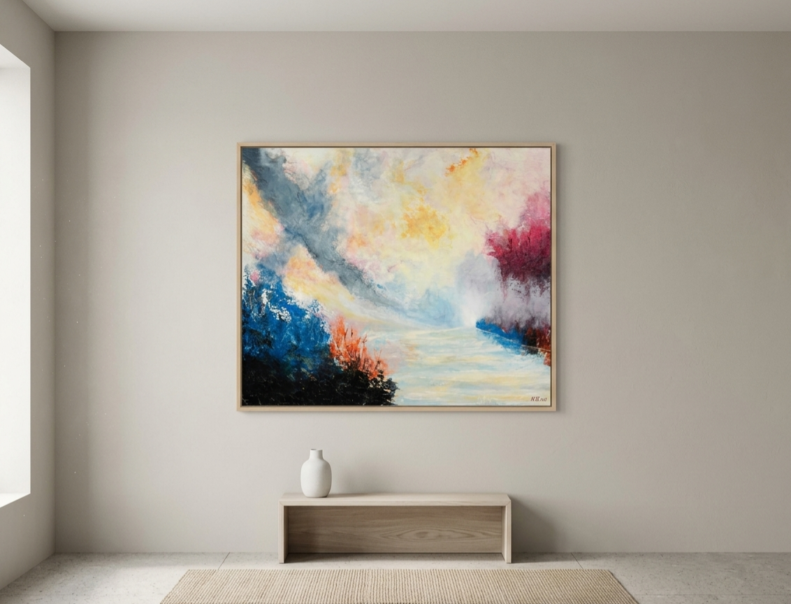 A horizontal abstract landscape art print titled River of Dawn by NZ artist Ramari. The heavily textured canvas showcases a calm, winding river reflecting a glowing golden and soft pink morning sky. The left bank features rich palette knife textures of deep navy blue, bright turquoise, and burnt orange undergrowth. The right shoreline is framed by vibrant crimson and magenta foliage fading into white mist. 