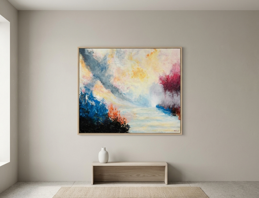 A horizontal abstract landscape art print titled River of Dawn by NZ artist Ramari. The heavily textured canvas showcases a calm, winding river reflecting a glowing golden and soft pink morning sky. The left bank features rich palette knife textures of deep navy blue, bright turquoise, and burnt orange undergrowth. The right shoreline is framed by vibrant crimson and magenta foliage fading into white mist. 