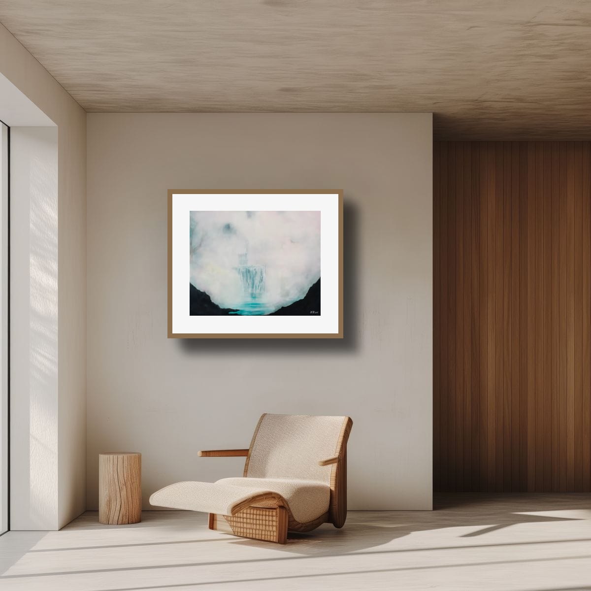 A minimalist graphic features a large horizontal abstract painting titled Veil of Serenity displayed on a wooden easel in a bright, modern artist studio with concrete floors. The artwork shows a glowing misty white light cascading down into dark charcoal and teal mountain forms. Text above reads a quote about mist and peace. Below the image, a clean text block reads Veil of Serenity, Bring this stillness into your space.
