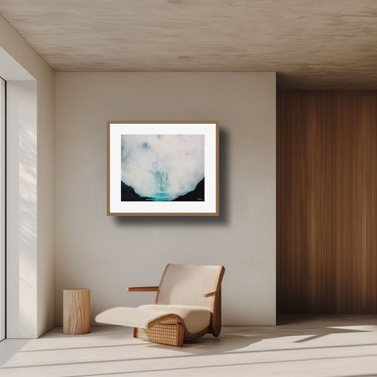 A minimalist graphic features a large horizontal abstract painting titled Veil of Serenity displayed on a wooden easel in a bright, modern artist studio with concrete floors. The artwork shows a glowing misty white light cascading down into dark charcoal and teal mountain forms. Text above reads a quote about mist and peace. Below the image, a clean text block reads Veil of Serenity, Bring this stillness into your space.