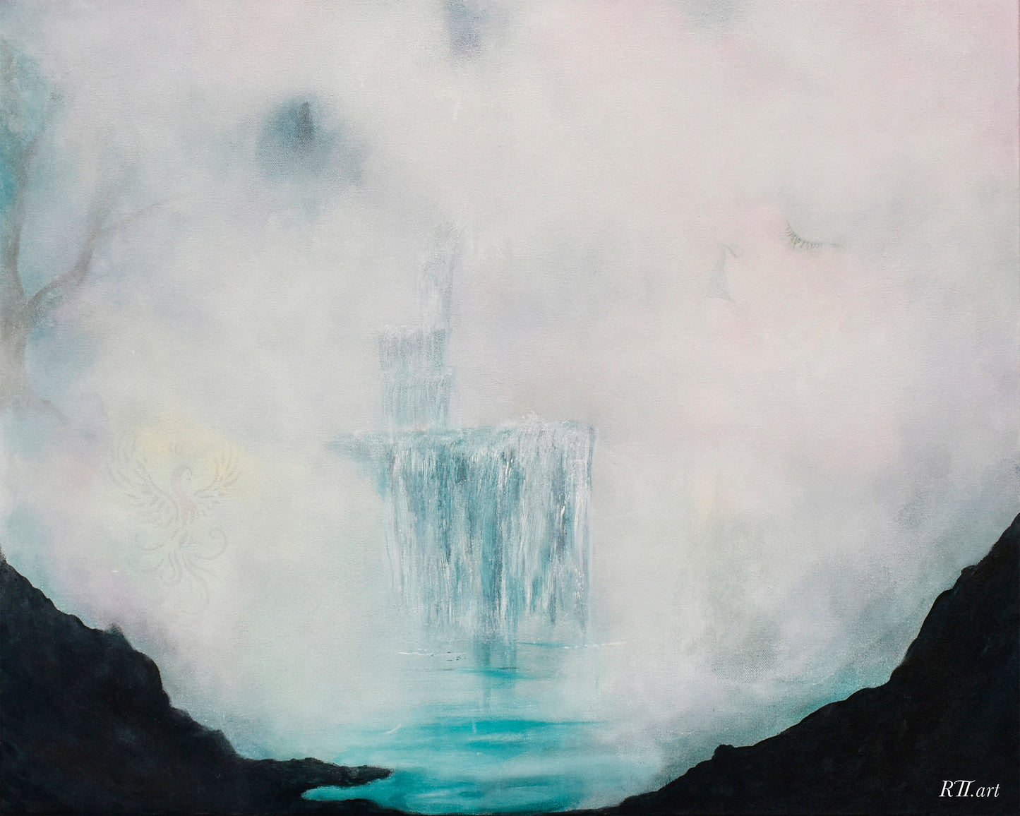 Atmospheric abstract landscape print titled Veil of Serenity featuring soft ethereal tones evoking stillness and gentle tranquility, by NZ artist Ramari.