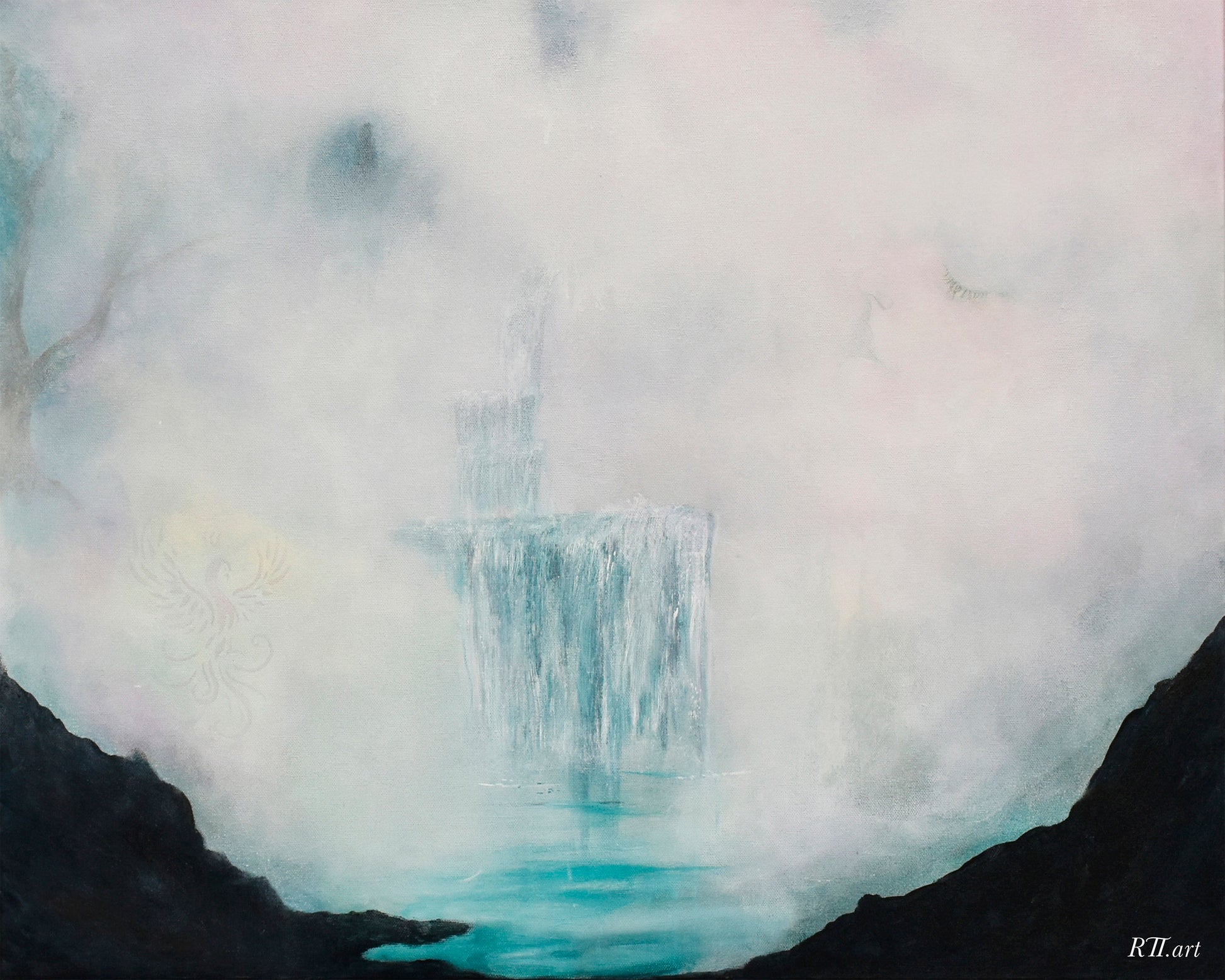 Atmospheric abstract landscape print titled Veil of Serenity featuring soft ethereal tones evoking stillness and gentle tranquility, by NZ artist Ramari.
