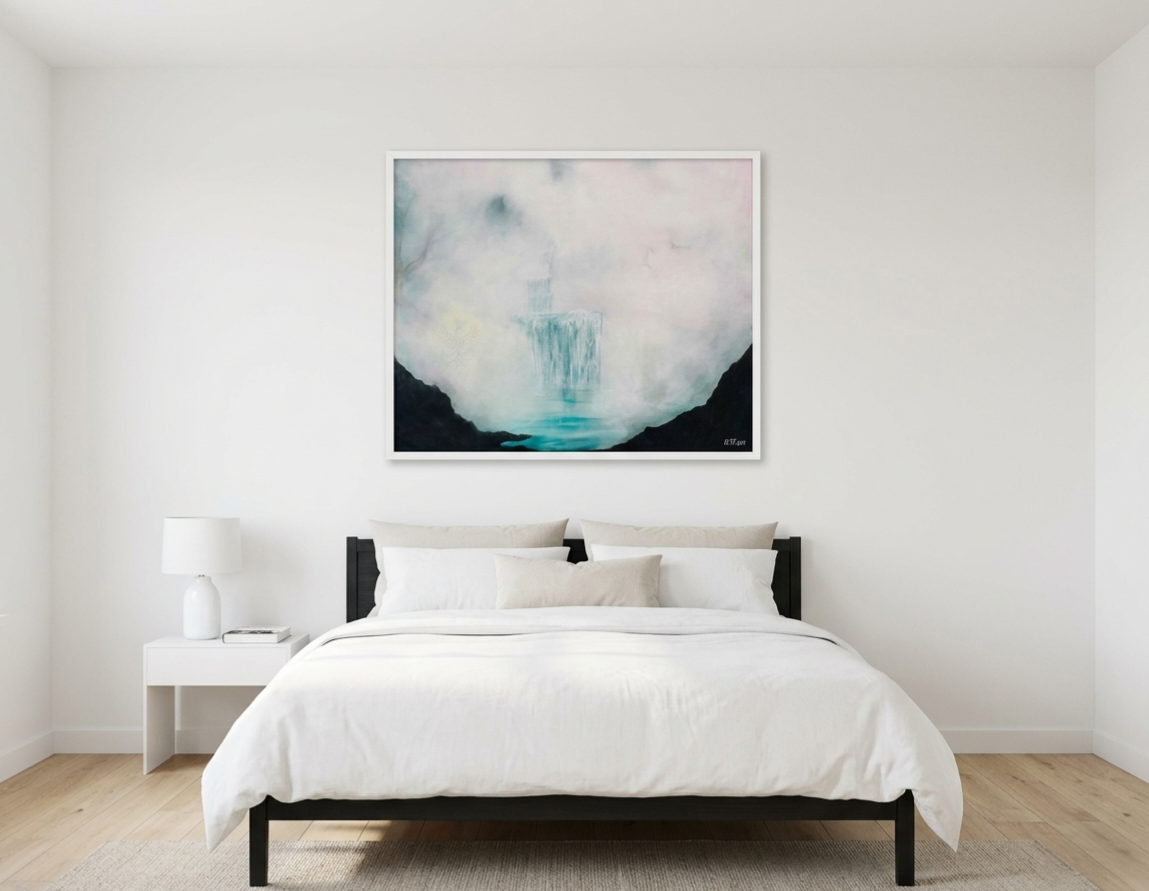 Water-inspired abstract art print titled Veil of Serenity styled above a bed in a minimalist bedroom with soft pale green walls, evoking quiet calm, by NZ artist Ramari.