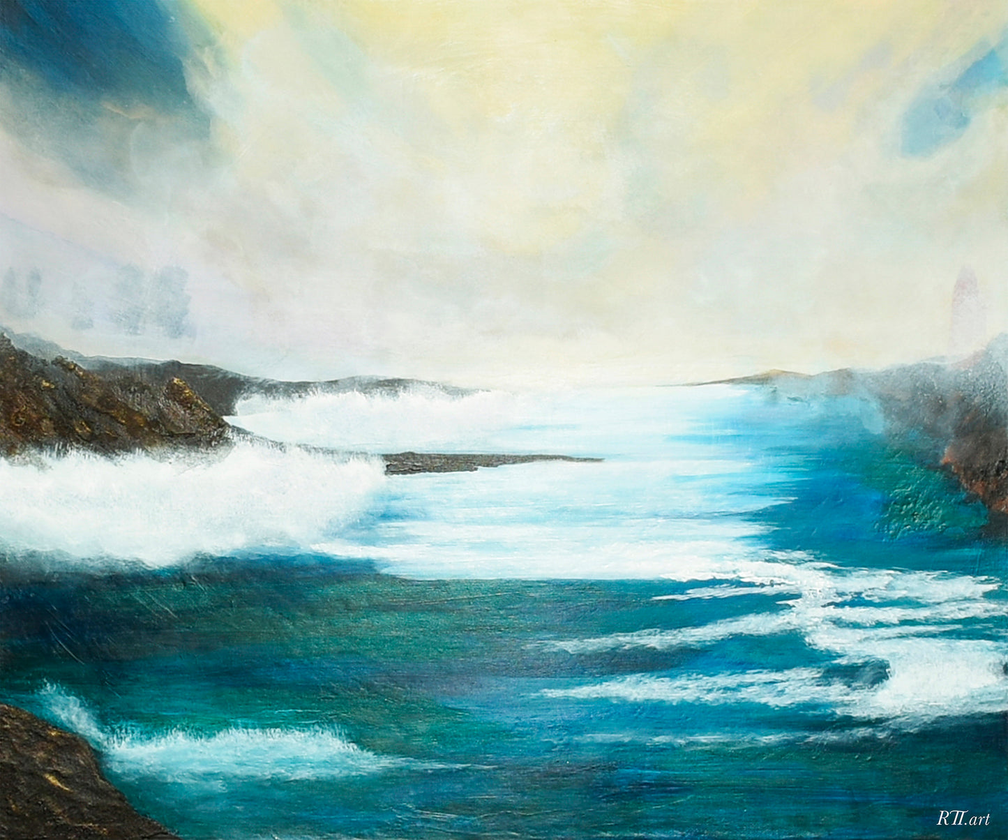 Atmospheric abstract art print titled Where the Veil Breaks featuring luminous ethereal tones evoking light breaking through stillness and quiet transformation, by NZ artist Ramari.
