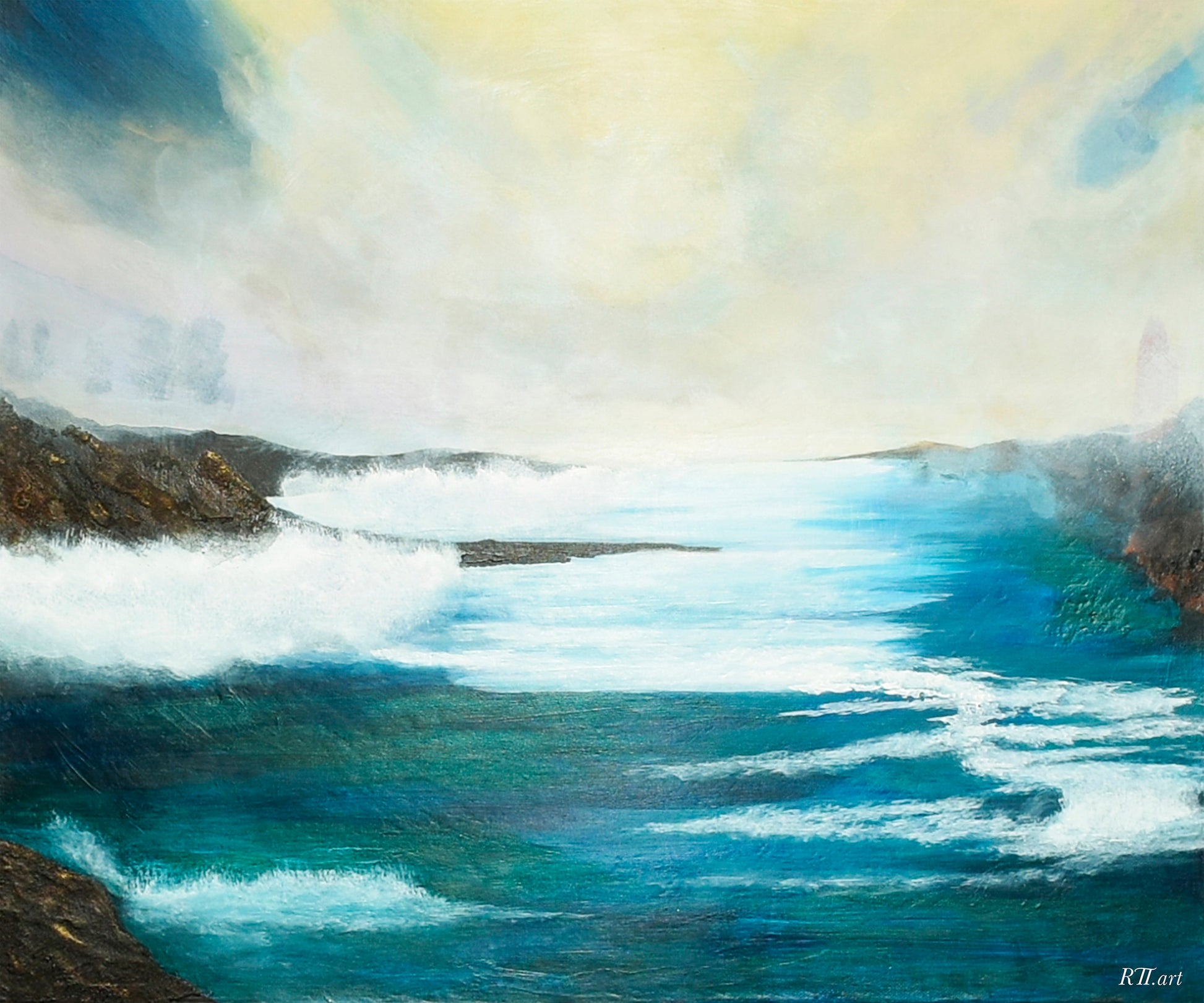 Atmospheric abstract art print titled Where the Veil Breaks featuring luminous ethereal tones evoking light breaking through stillness and quiet transformation, by NZ artist Ramari.