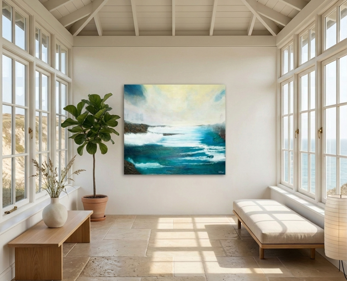 A horizontal abstract coastal seascape print titled Where the Veil Breaks by NZ artist Ramari. The canvas texture displays a powerful turquoise and bright teal ocean with crashing white foam waves. Dark gray coastal cliffs and rock formations emerge through rising sea mist and fog on the left and right shorelines. A soft, glowing pale yellow and peach dawn sky radiates light across the central horizon line. 