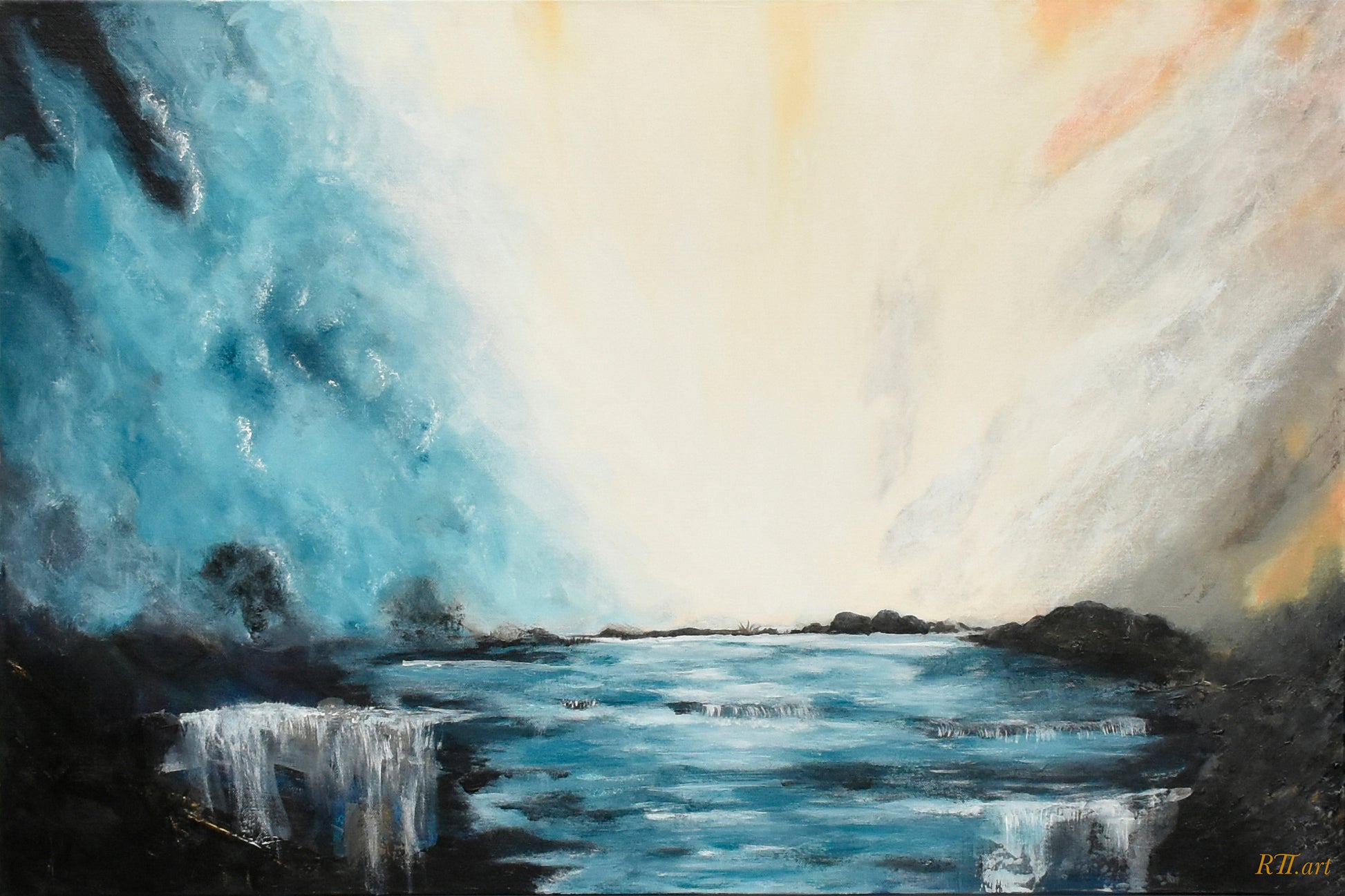 Calm abstract wall art print titled Whispers of Dawn featuring soft warm tones evoking the quiet stillness of early morning light, by NZ artist Ramari.