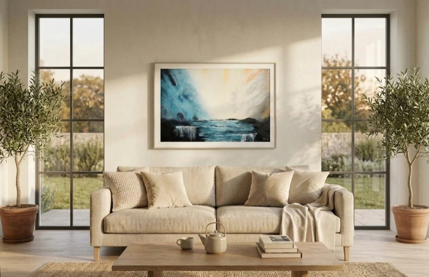 A horizontal abstract landscape art print titled Whispers of Dawn by NZ artist Ramari hangs in a light wood frame over a beige couch. The artwork features dark teal and blue waves beneath a cream sky. The sunlit living room has large grid windows viewing a garden, neutral fabric throw pillows on the sofa, a wooden coffee table with a teapot and books, and two potted olive trees flanking the seating area.