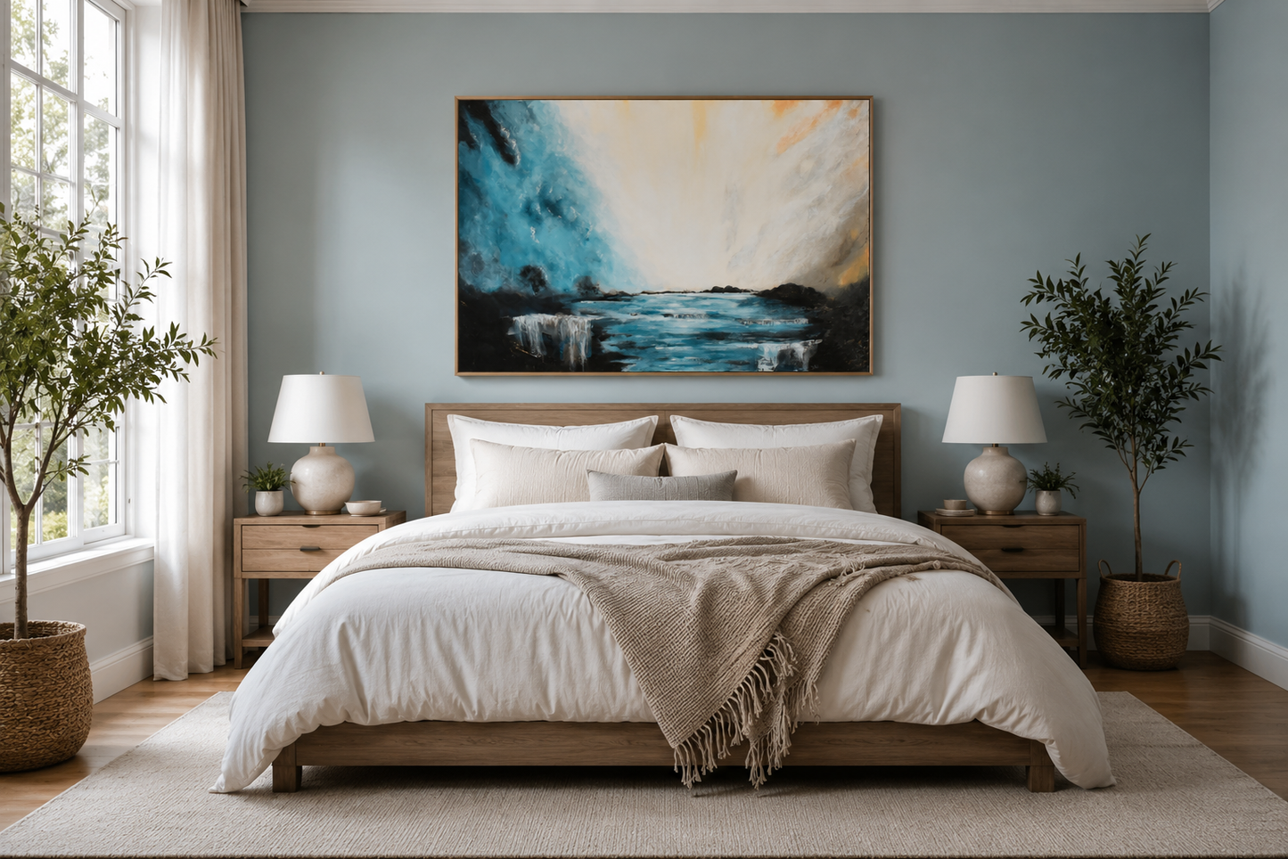 Water-inspired abstract art print titled Whispers of Dawn styled above a bed in a calm bedroom, soft warm dawn light evoking gentle awakening, by NZ artist Ramari.