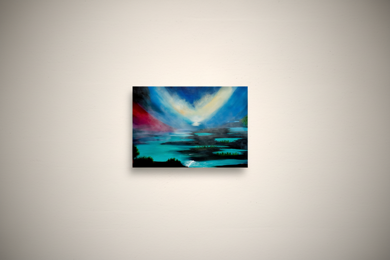 Floating horizontal dark blue and teal abstract landscape print titled Come Sit With Me hanging on a gallery wall by NZ artist Ramari