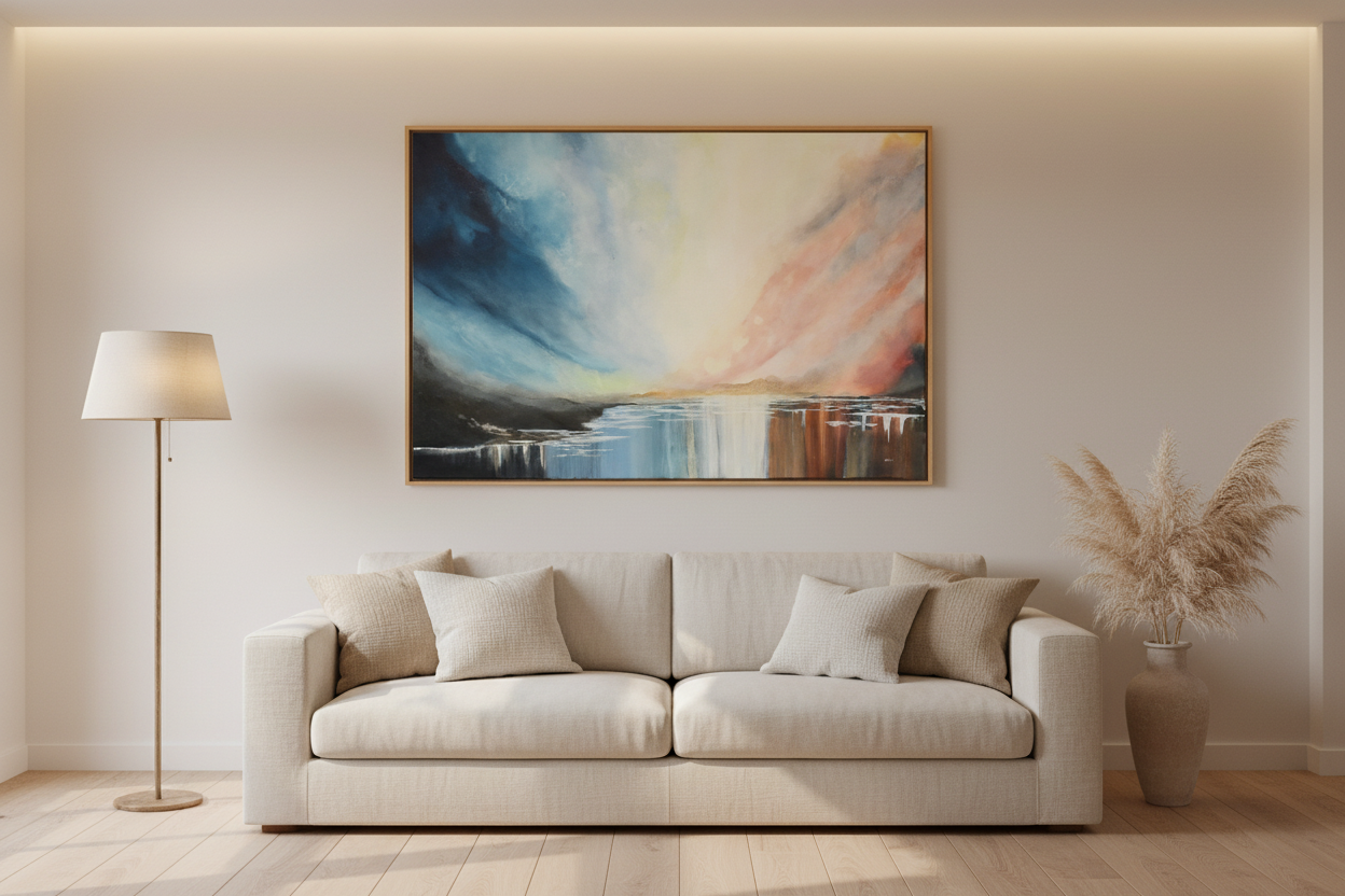 Lyrical abstract art print titled Infinite Skies , deep blues and soft peach tones by NZ artist Ramari.
